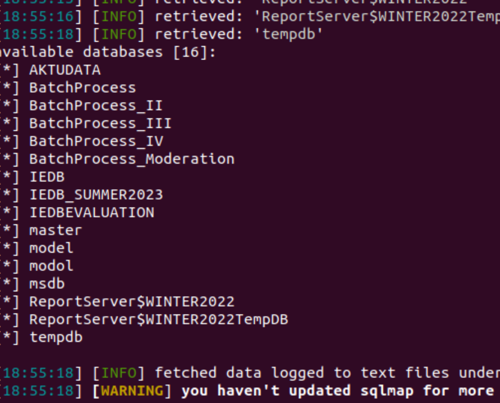 sqlmap listing all 16 databases on the AKTU SQL Server instance