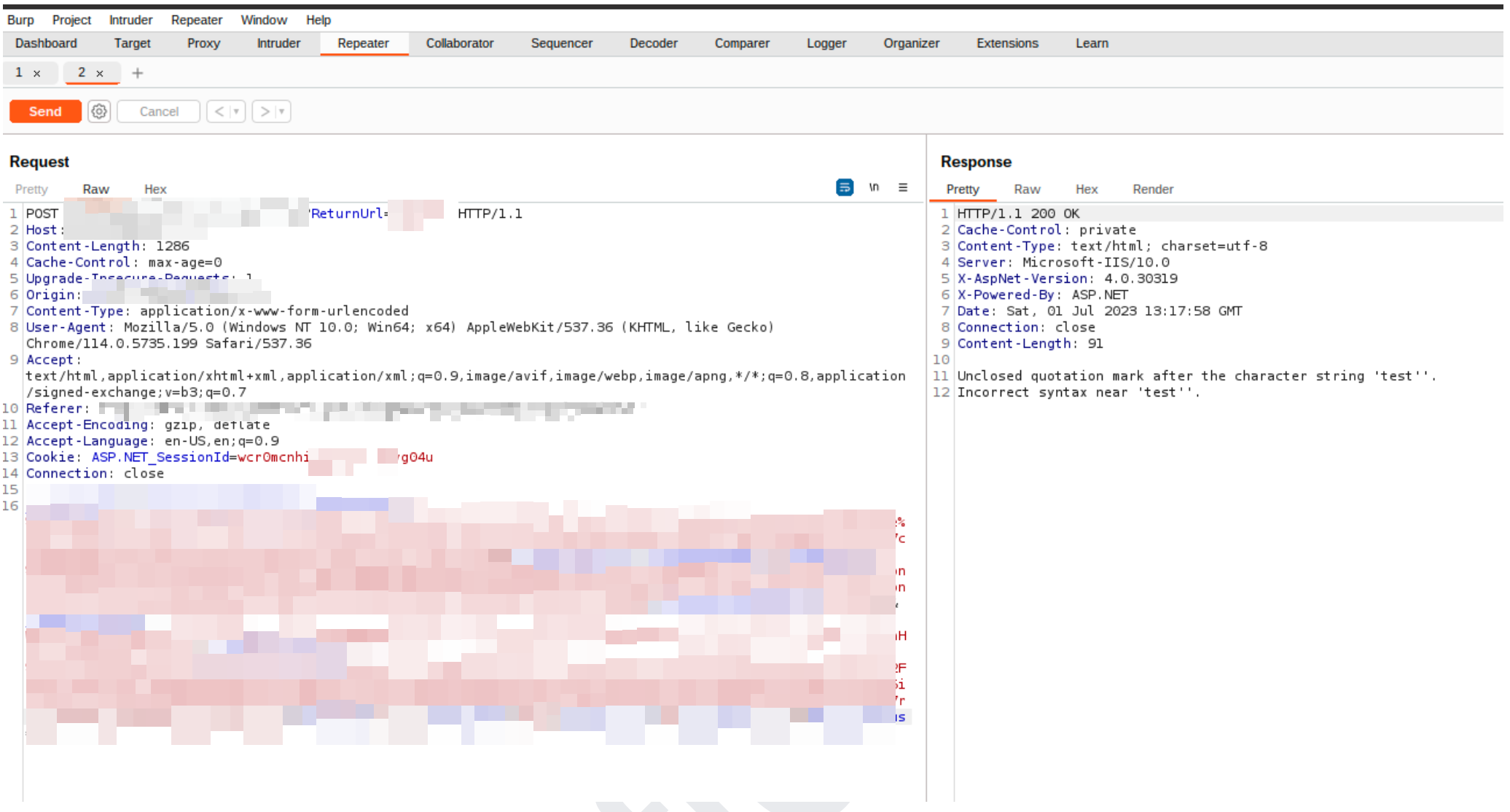 Burp Suite showing the intercepted login request and SQL error response