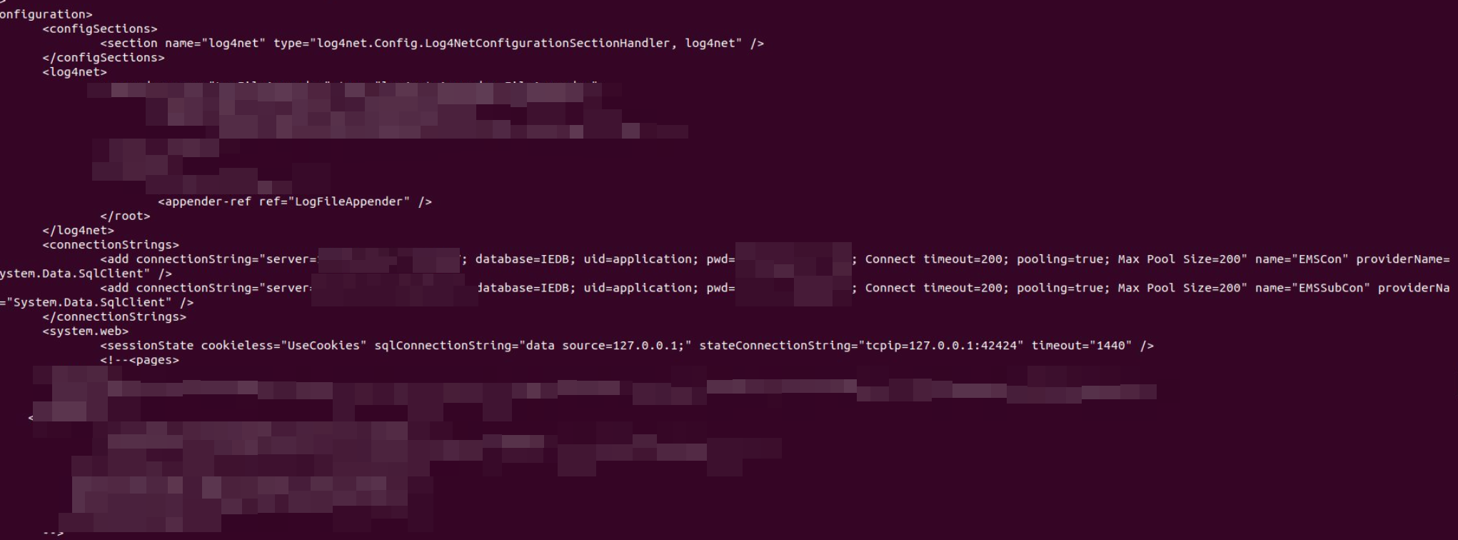 Contents of web.config showing the plaintext SQL Server connection string