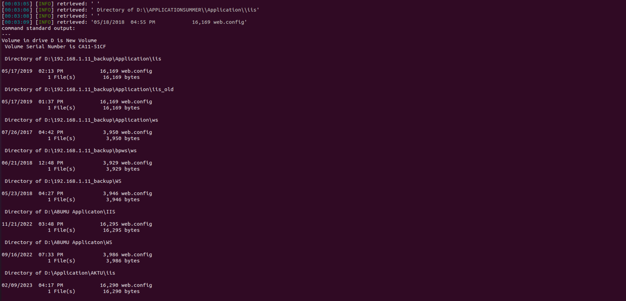 OS shell output listing every web.config file found on the D drive