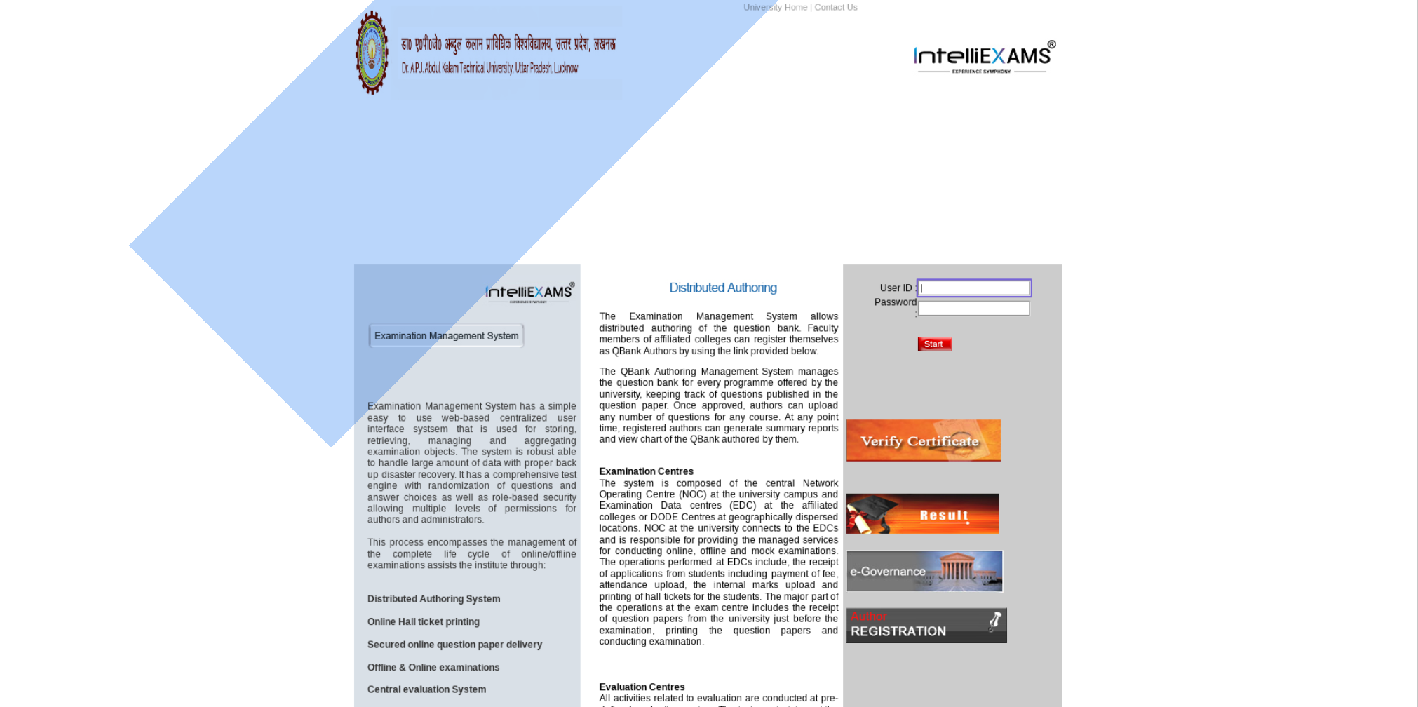 The intelliEXAMS login page on the AKTU portal