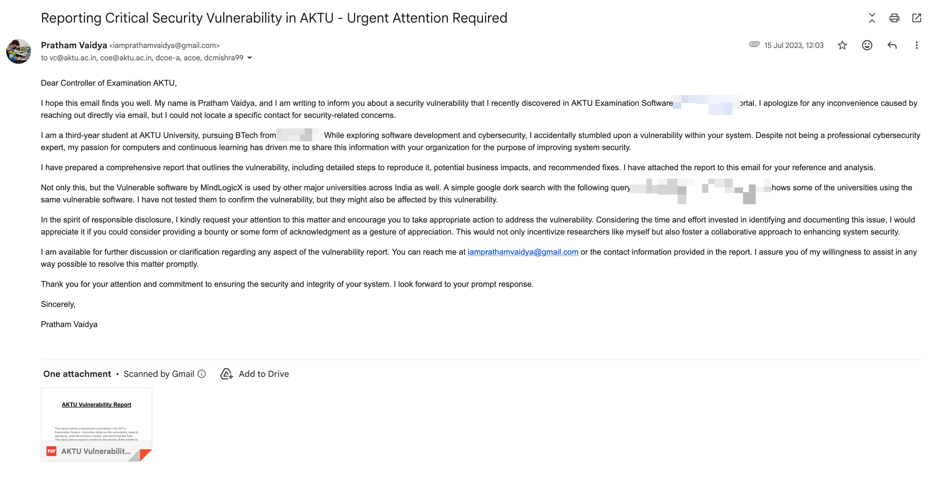 Screenshot of the disclosure email sent to AKTU on 15 July 2023 with the vulnerability report PDF attached